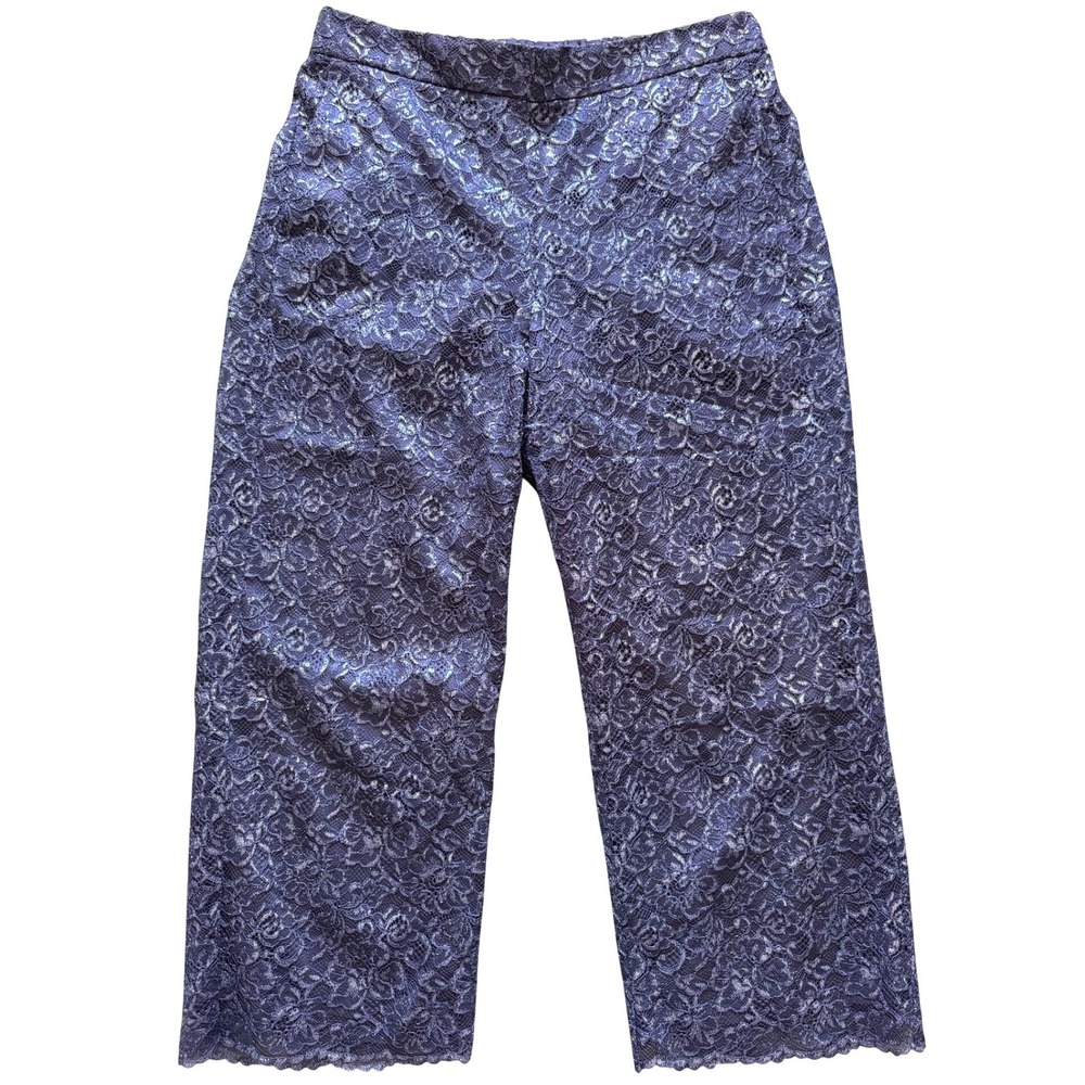 J.Crew Navy Blue Metallic Floral Lace Wide Leg Cropped Pants Womens Size 14